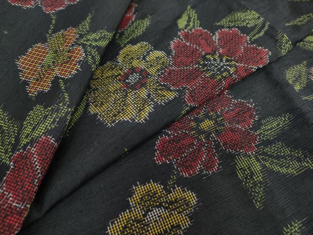 平和屋着物●上質な紬 草花文 黒地 正絹 逸品 DAAY5648ud