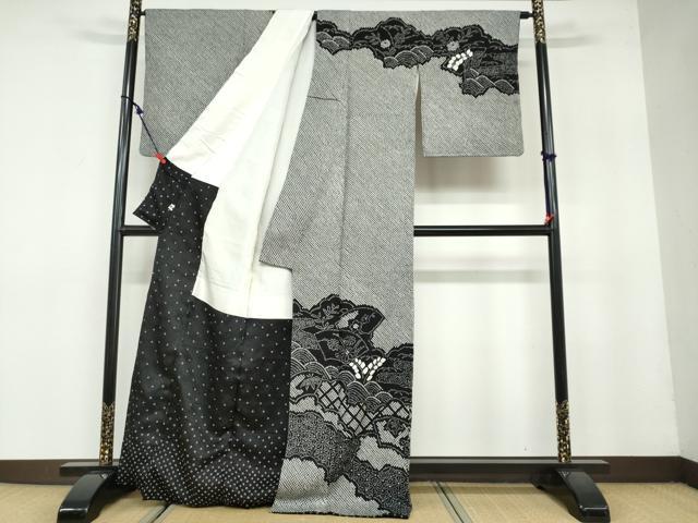 平和屋着物●訪問着 総絞り 地紙重ね草花文 黒地 正絹 逸品 DAAY5920ud