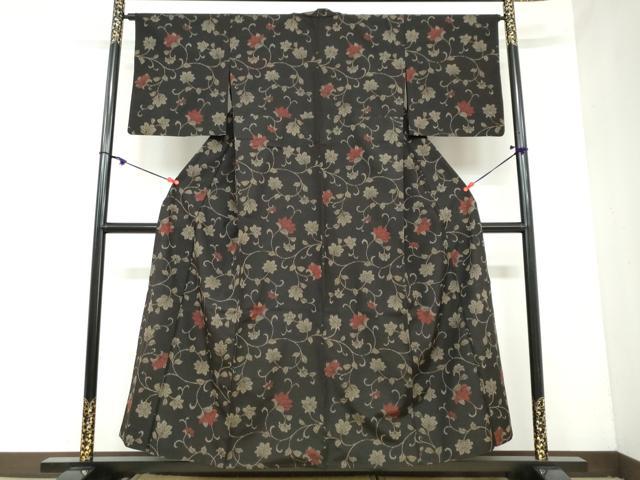 平和屋着物▽上質な紬 単衣 更紗花唐草文 正絹 逸品 DAAY5975ud