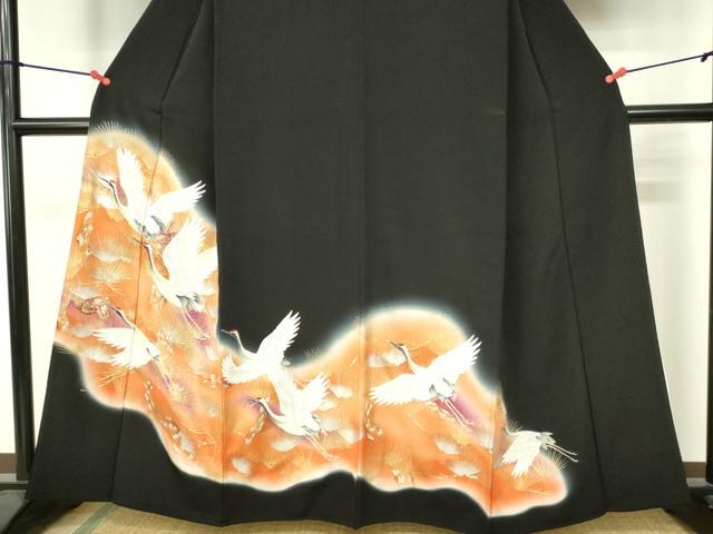 平和屋着物■豪華黒留袖 刺繍 飛鶴松文 暈し染め 金銀彩 正絹 逸品 DAAY6814qp