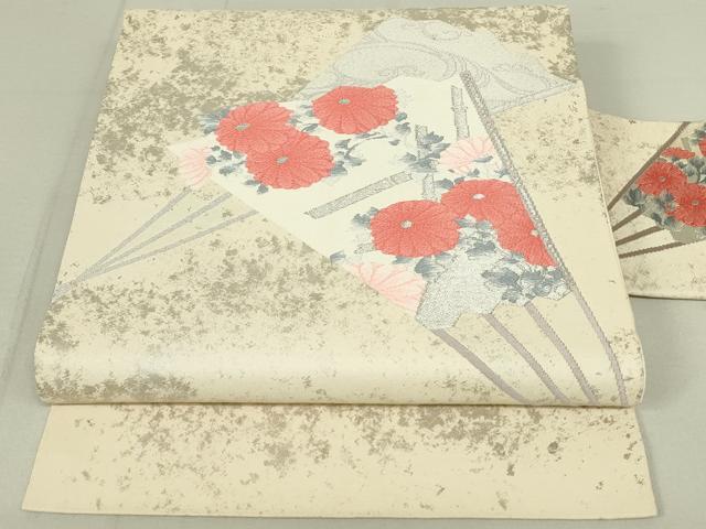 平和屋着物◎九寸名古屋帯 扇面花文 銀糸 正絹 逸品 DAAY6856qp