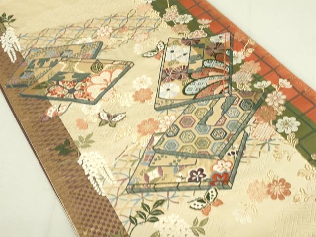 平和屋着物◎六通柄袋帯 唐織 冊子花蝶文 小袖錦 金糸 正絹 逸品 DAAY6932qp