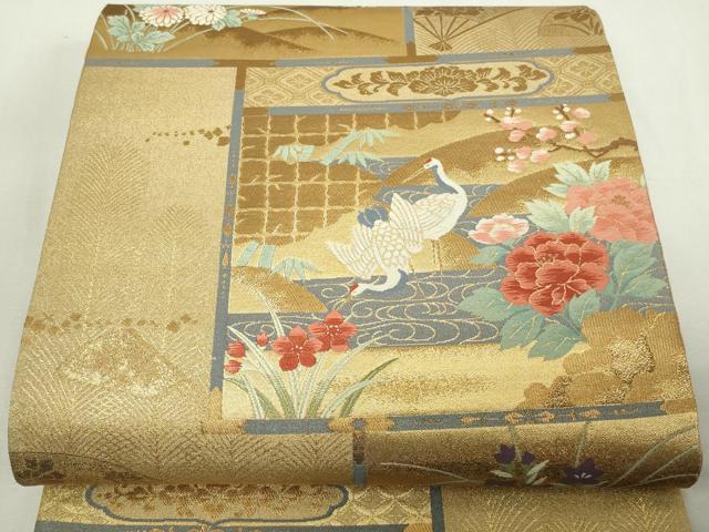 平和屋着物◎六通柄袋帯 群鶴草花文 金糸 正絹 逸品 DAAY7600sf