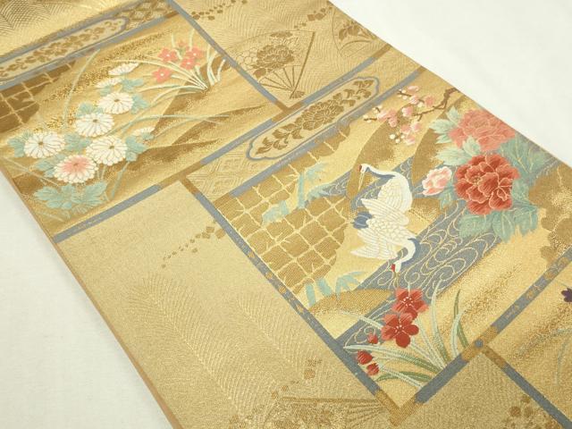 平和屋着物◎六通柄袋帯 群鶴草花文 金糸 正絹 逸品 DAAY7600sf