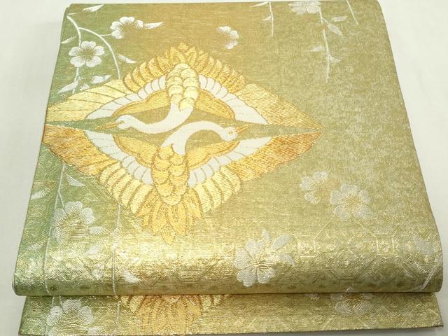 平和屋着物◎六通柄袋帯 唐織 双鶴枝垂れ桜文 金糸 正絹 逸品 DAAY7634sf