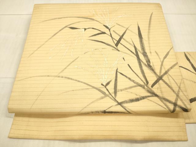 平和屋着物*夏物 絽塩瀬 九寸名古屋帯 手描き 草葉文 正絹 逸品 DAAY8019cm