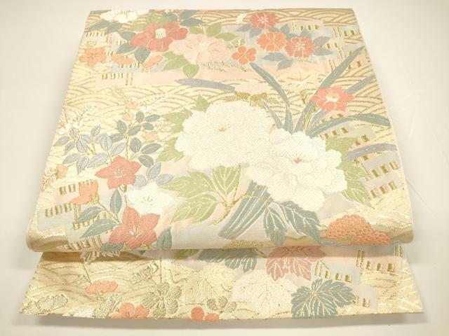 平和屋着物●六通柄袋帯 唐織 流水草花文 金糸 正絹 逸品 DAAY8042cm