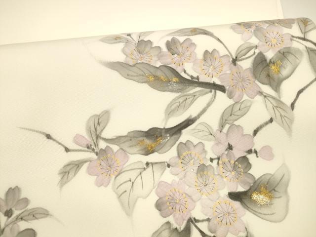 平和屋着物●塩瀬 九寸開き名古屋帯 手描き 枝花文 金銀彩 反端付き 正絹 逸品 DAAY8096cm