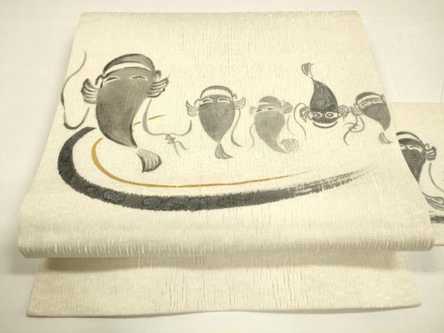 平和屋着物*夏物 九寸名古屋帯 手描き 魚 ナマズ 金彩 正絹 逸品 DAAY8111cm