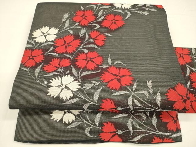 平和屋着物*夏物 九寸名古屋帯 草花文 黒地 銀糸 正絹 逸品 DAAY8132cm