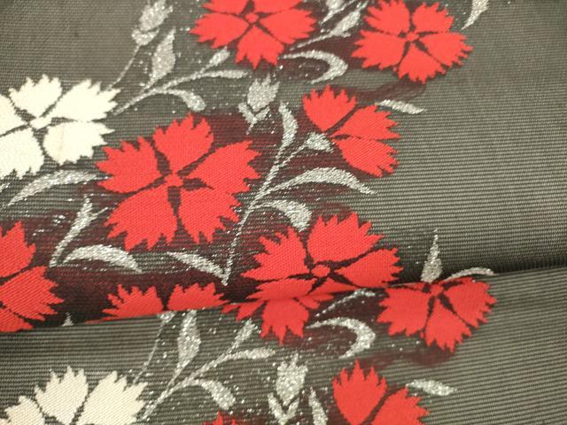 平和屋着物*夏物 九寸名古屋帯 草花文 黒地 銀糸 正絹 逸品 DAAY8132cm