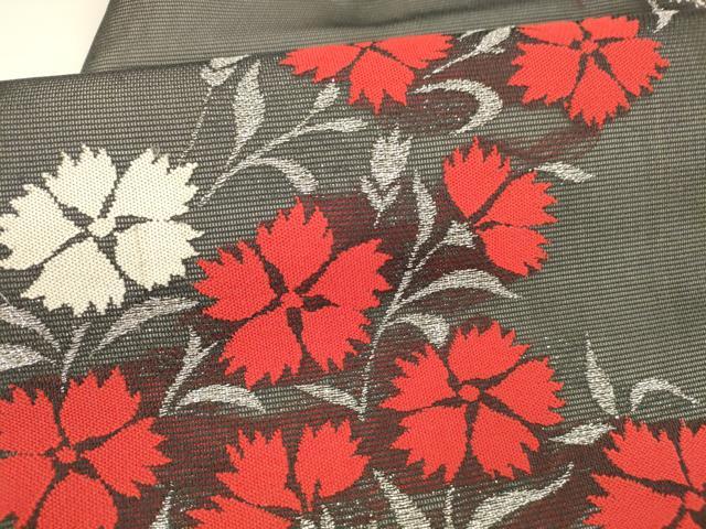 平和屋着物*夏物 九寸名古屋帯 草花文 黒地 銀糸 正絹 逸品 DAAY8132cm