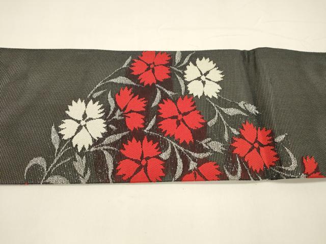 平和屋着物*夏物 九寸名古屋帯 草花文 黒地 銀糸 正絹 逸品 DAAY8132cm