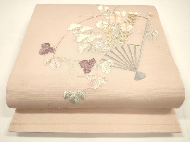 平和屋着物*夏物 両面 太鼓柄袋帯 駒刺繍 総刺繍 扇面蔦の葉花文 抽象文様 金銀糸 正絹 逸品 DAAY8147cm
