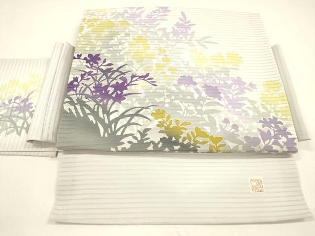 平和屋着物*夏物 絽塩瀬 つけ帯 作家物 草花文 正絹 逸品 DAAY8296cm