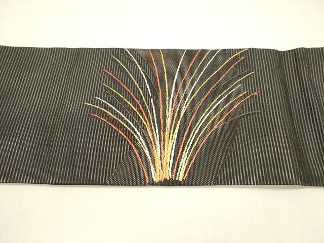 平和屋着物*夏物 九寸名古屋帯 流水草葉文 黒地 銀糸 正絹 逸品 DAAY8314cm