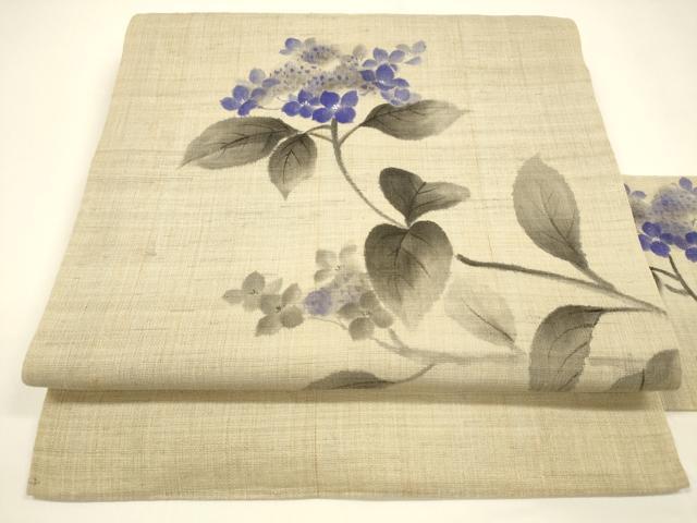 平和屋着物*夏物 九寸名古屋帯 手描き 紫陽花 アジサイ 麻 逸品 DAAY8390cm