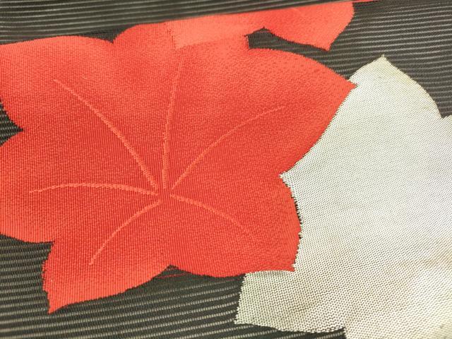 平和屋着物*夏物 九寸名古屋帯 舞葉文 黒地 銀糸 正絹 逸品 DAAY8402cm