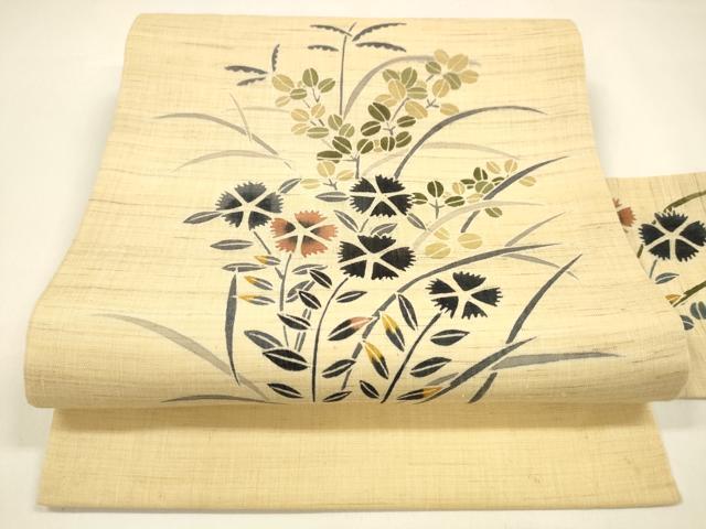 平和屋着物*夏物 九寸名古屋帯 型染 草花文 麻 逸品 DAAY8445cm
