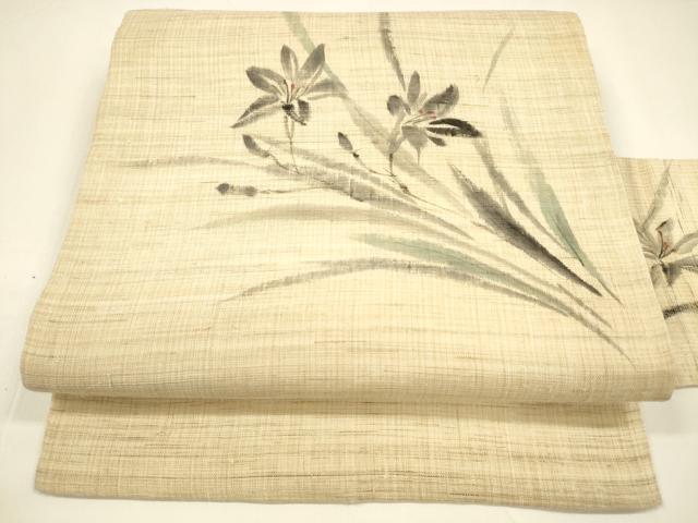 平和屋着物*夏物 九寸名古屋帯 手描き 草花文 麻 逸品 DAAY8455cm