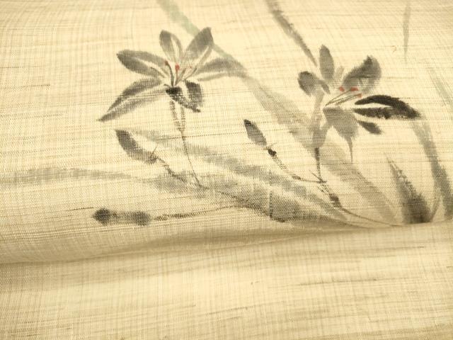 平和屋着物*夏物 九寸名古屋帯 手描き 草花文 麻 逸品 DAAY8455cm