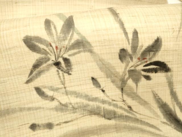 平和屋着物*夏物 九寸名古屋帯 手描き 草花文 麻 逸品 DAAY8455cm
