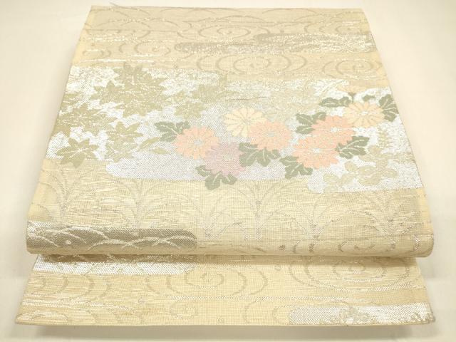 平和屋着物*夏物 六通柄袋帯 流水草花文 銀糸 正絹 逸品 DAAY8491cm