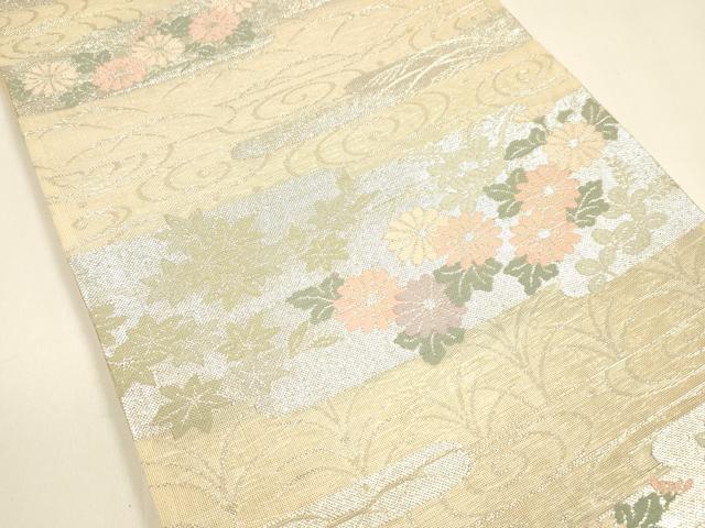 平和屋着物*夏物 六通柄袋帯 流水草花文 銀糸 正絹 逸品 DAAY8491cm