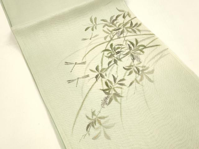 平和屋着物*夏物 絹芭蕉 太鼓柄袋帯 手描き 蜻蛉南天草葉文 金彩 正絹 逸品 DAAY8508cm