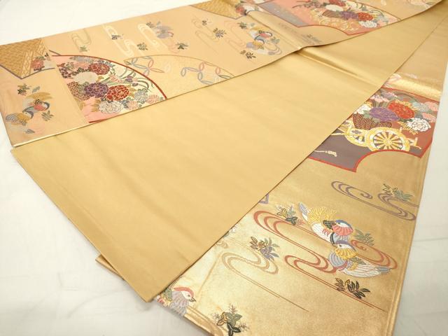 平和屋着物◎六通柄袋帯 唐織 能舞 扇面鴛鴦文 金糸 正絹 逸品 DAAY8616cd