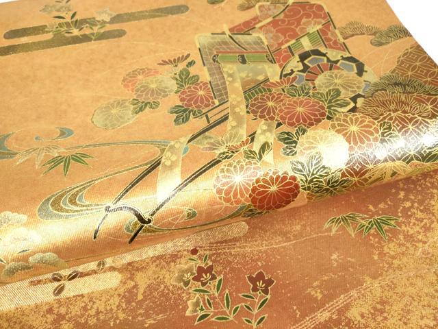 平和屋着物▼漆工芸作家 金森一博 六通柄袋帯 御所車花松文 金彩 引箔 正絹 逸品 DAAY9088az