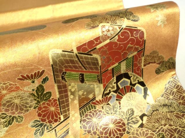 平和屋着物▼漆工芸作家 金森一博 六通柄袋帯 御所車花松文 金彩 引箔 正絹 逸品 DAAY9088az