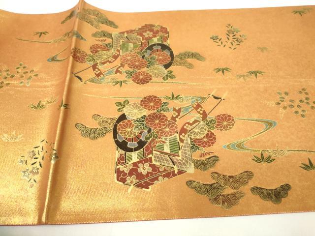 平和屋着物▼漆工芸作家 金森一博 六通柄袋帯 御所車花松文 金彩 引箔 正絹 逸品 DAAY9088az