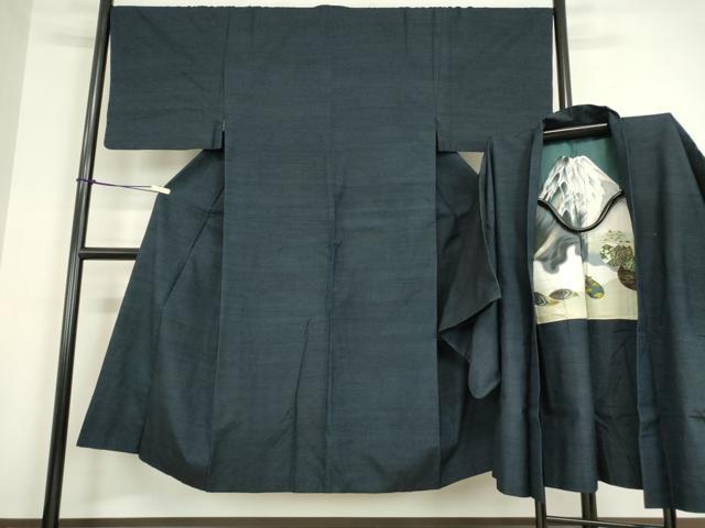 平和屋着物●男性 紬 アンサンブル 濃藍色 正絹 逸品 DAAY9356az