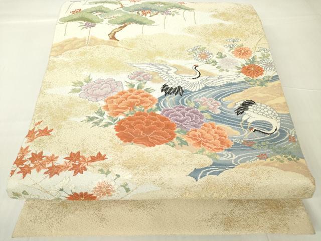 平和屋着物▼綴れ 太鼓柄袋帯 吉祥飛鶴花松文 金銀糸 正絹 逸品 DAAY9687az