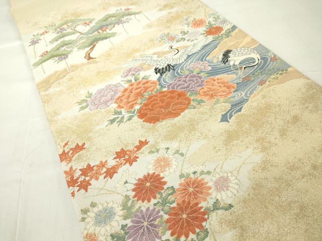平和屋着物▼綴れ 太鼓柄袋帯 吉祥飛鶴花松文 金銀糸 正絹 逸品 DAAY9687az