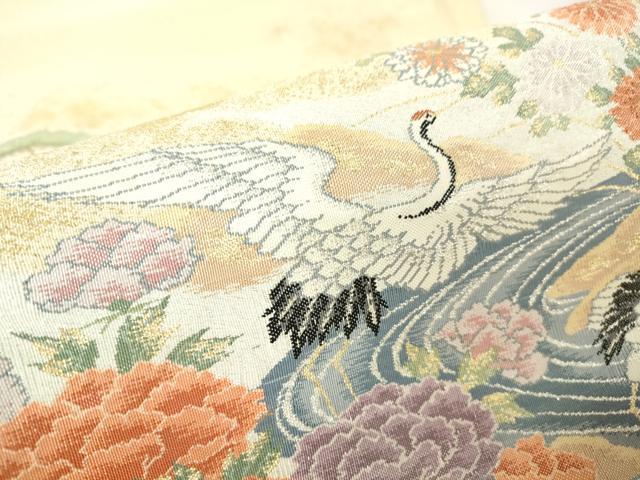 平和屋着物▼綴れ 太鼓柄袋帯 吉祥飛鶴花松文 金銀糸 正絹 逸品 DAAY9687az