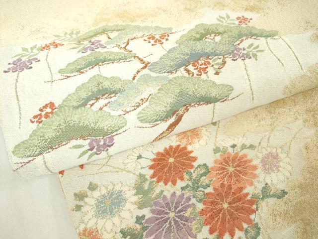 平和屋着物▼綴れ 太鼓柄袋帯 吉祥飛鶴花松文 金銀糸 正絹 逸品 DAAY9687az