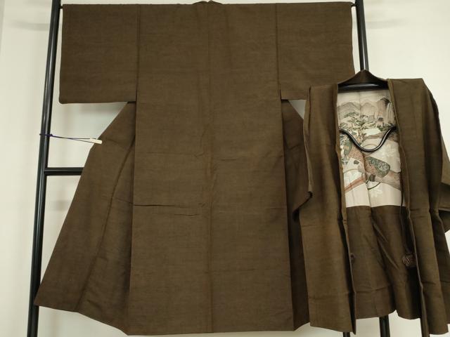 平和屋着物●男性 紬 アンサンブル 赤墨色 正絹 逸品 DAAY9962az