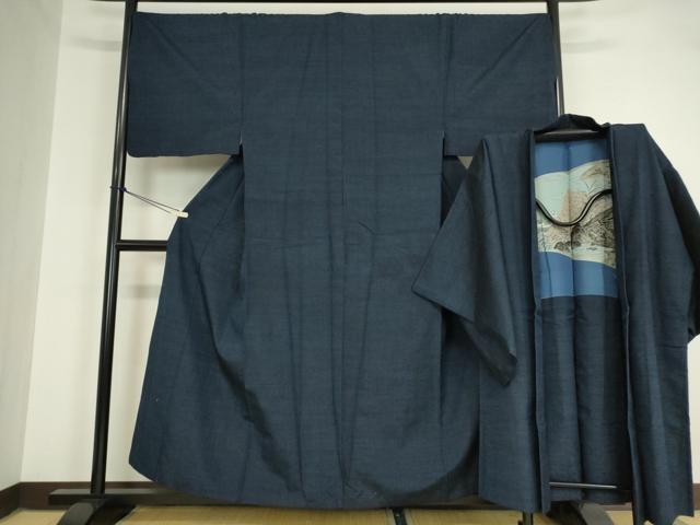 平和屋着物○男性 紬 アンサンブル 長羽織 色無地 濃紺地 正絹 逸品 未