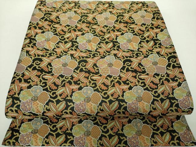 平和屋着物●全通柄袋帯 花唐草文 黒地 正絹 逸品 未使用 DAAZ0084ps
