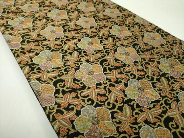 平和屋着物●全通柄袋帯 花唐草文 黒地 正絹 逸品 未使用 DAAZ0084ps