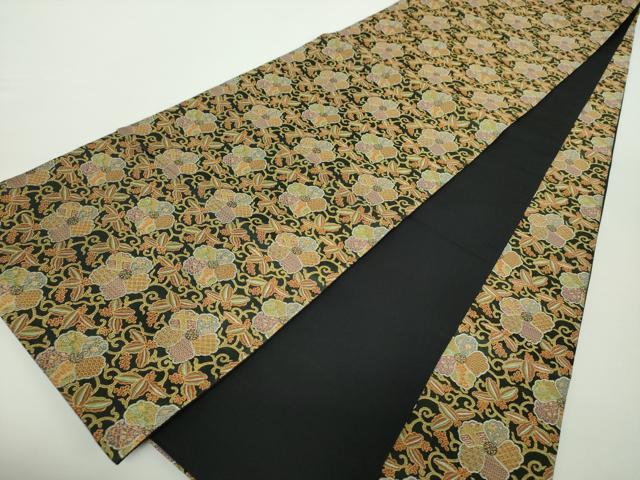 平和屋着物●全通柄袋帯 花唐草文 黒地 正絹 逸品 未使用 DAAZ0084ps