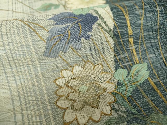 平和屋着物▽太鼓柄袋帯 スリーシーズン帯 春 夏 秋 すくい織 草花文 金彩 正絹 逸品 DAAZ0457ps