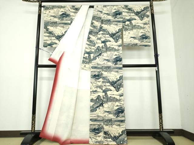 平和屋着物●上質な小紋 紬地 型染 風景文 正絹 逸品 DAAZ0686ps
