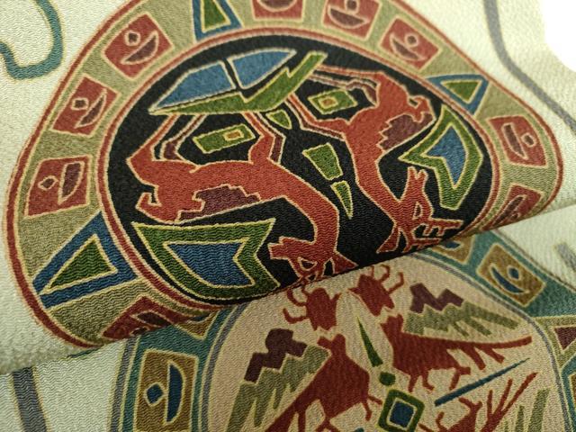 平和屋着物●全通柄九寸名古屋帯 鳥獣花丸文 鬼しぼ縮緬 正絹 逸品 DAAZ0835ps