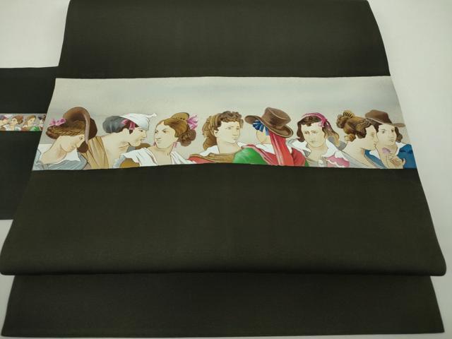 平和屋着物●塩瀬 九寸名古屋帯 手描き 西洋人 黒地 正絹 逸品 DAAZ0845ps