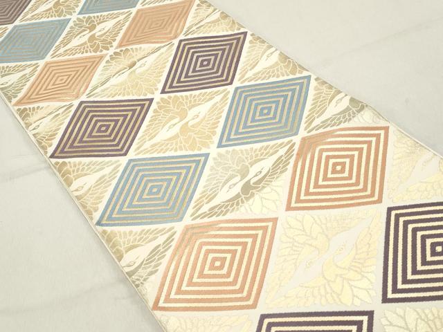 平和屋着物◎六通柄袋帯 唐織 向かい鶴菱文 金糸 正絹 逸品 DAAZ1219qa