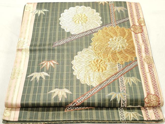 平和屋着物◎六通柄袋帯 舞花笹間道 金糸 正絹 逸品 DAAZ1223qa