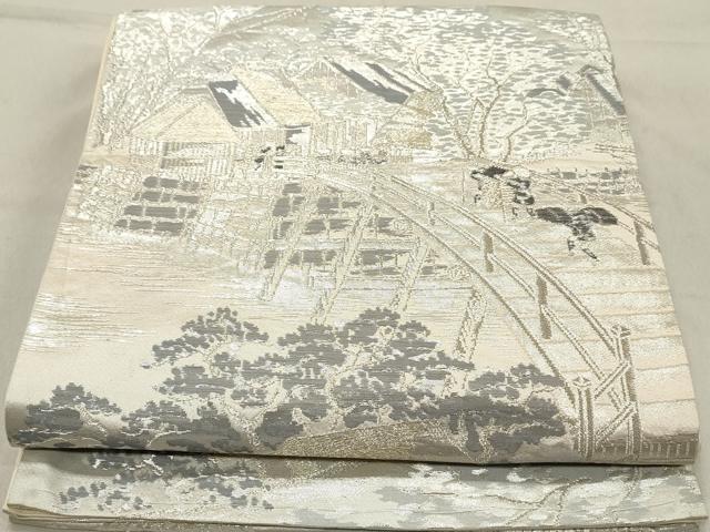 平和屋着物◎六通柄袋帯 作家物 渡橋人物風景文 金銀糸 正絹 逸品 DAAZ1245qa